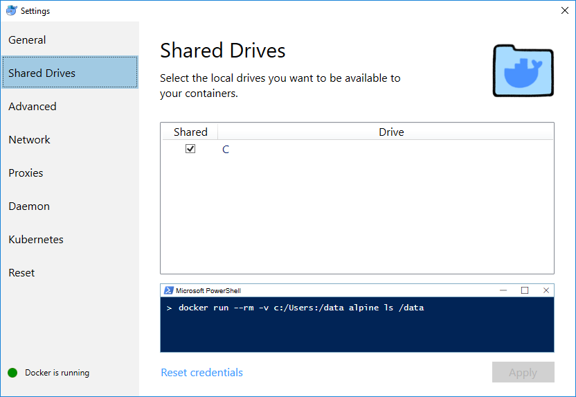 Docker for Windows - Settings - Shared Drives
