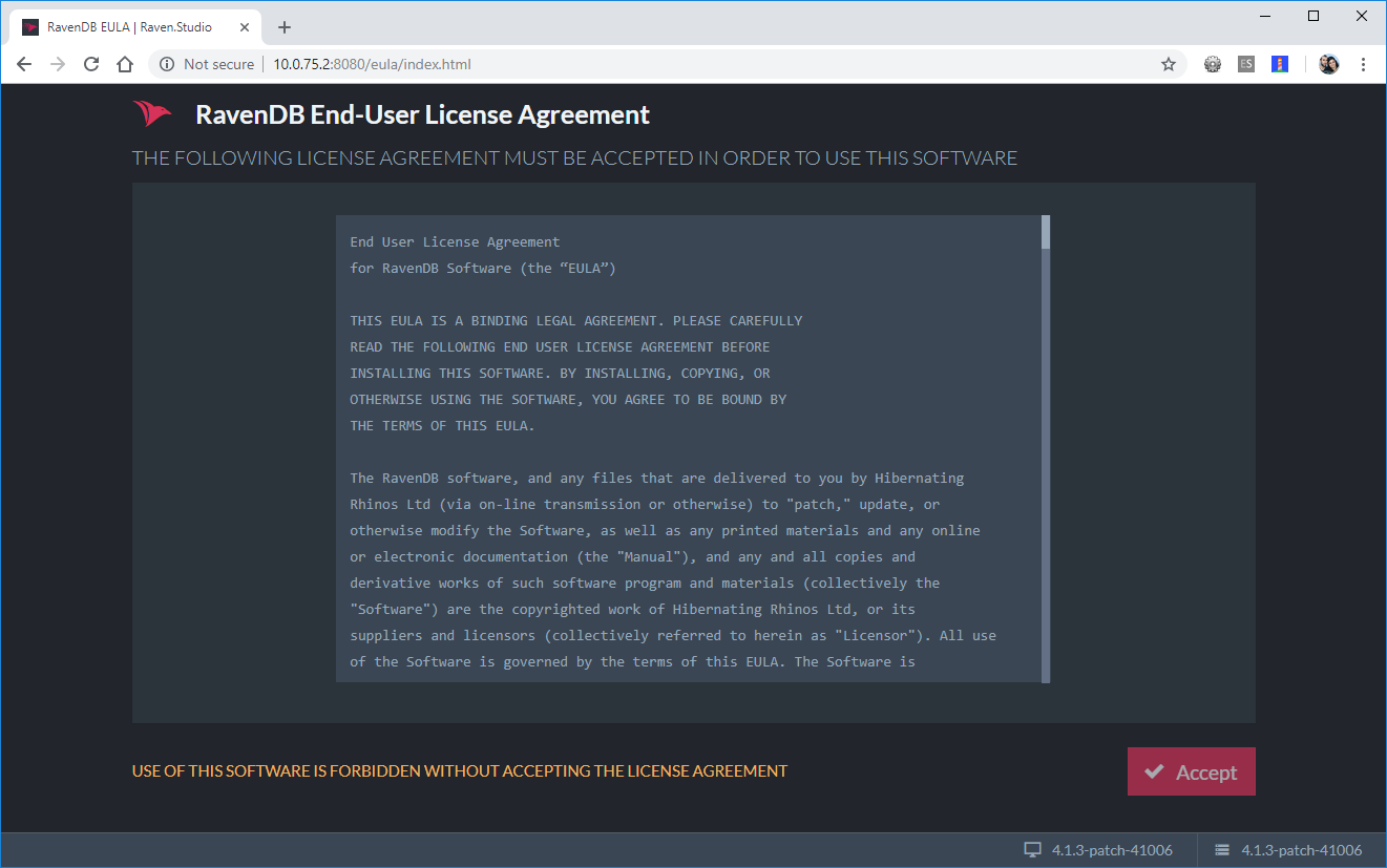 RavenDB End-User License Agreement screen