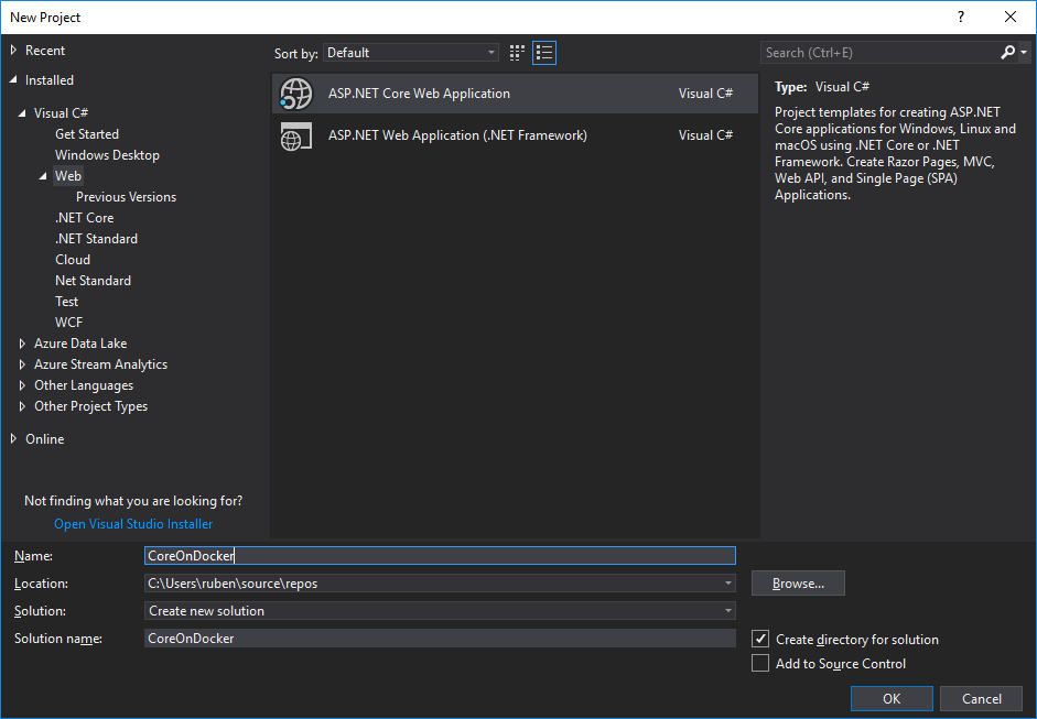 Visual Studio - New .Net Core Project Screen